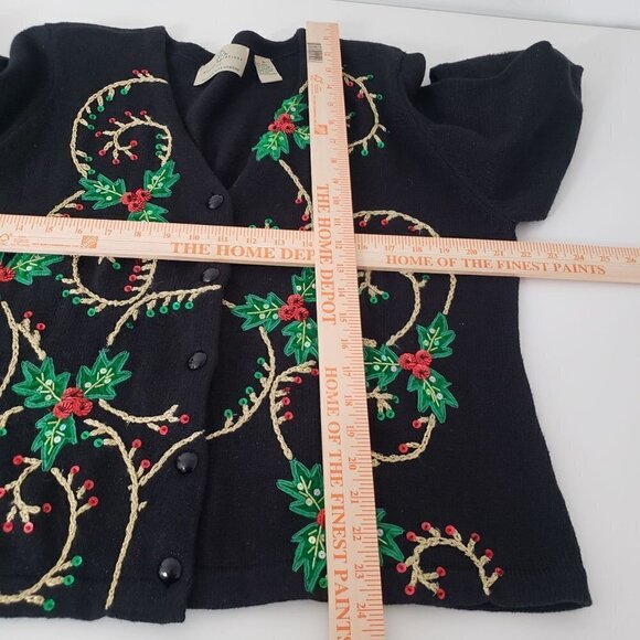 Design Options Holly Berry Cardigan Beaded Sequin Holiday Sweater Womens Sz XL - Picture 10 of 12